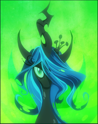 Size: 900x1139 | Tagged: safe, artist:oneeyedrobot, queen chrysalis, changeling, changeling queen, bust, female, hair over one eye, looking at you, portrait, solo