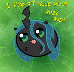 Size: 1200x1164 | Tagged: safe, artist:willdrawforfood1, queen chrysalis, changeling, changeling queen, :3, blob, chubbie, cute, cutealis, dialogue, fangs, female, frown, looking at you, open mouth, smiling, solo, weapons-grade cute