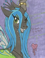 Size: 989x1280 | Tagged: source needed, safe, artist:anubislaughed, queen chrysalis, changeling, changeling queen, female, heart, horn ring, solo, traditional art