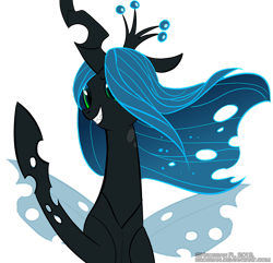 Size: 900x866 | Tagged: dead source, safe, artist:krossan, queen chrysalis, changeling, changeling queen, female, flowing mane, raised hoof, signature, simple background, smiling, solo, transparent background