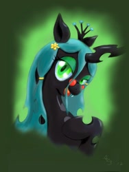 Size: 768x1024 | Tagged: safe, artist:a8702131, queen chrysalis, changeling, changeling queen, female, flower, flower in hair, glasses, gradient background, hippie, looking at you, raised hoof, solo