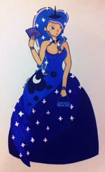 Size: 717x1172 | Tagged: safe, artist:airyu, princess luna, clothes, dress, fan, humanized, purse, solo, traditional art