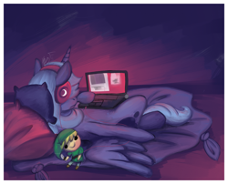 Size: 3100x2500 | Tagged: safe, artist:kaokay, princess luna, alicorn, pony, gamer luna, headphones, laptop computer, link, pillow, solo, the legend of zelda