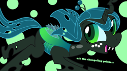 Size: 1366x768 | Tagged: safe, artist:syggie, queen chrysalis, changeling, changeling queen, nymph, abstract background, ask the changeling princess, crown, cute, cutealis, fangs, female, filly, filly queen chrysalis, foal, freckles, jewelry, looking at you, open mouth, princess chrysalis, regalia, running, smiling, smiling at you, solo, text, wallpaper, younger