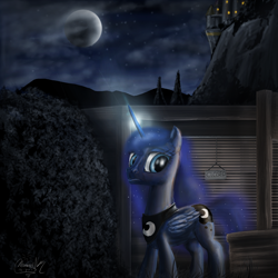 Size: 1152x1152 | Tagged: safe, artist:turbopower1000, princess luna, alicorn, pony, blinds, canterlot, cloud, cloudy, hoers, moon, night, solo