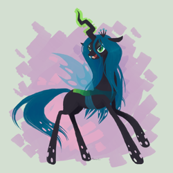 Size: 800x800 | Tagged: safe, artist:stapledslut, queen chrysalis, changeling, changeling queen, abstract background, fangs, female, frown, glowing horn, magic, open mouth, raised hoof, smiling, solo, standing