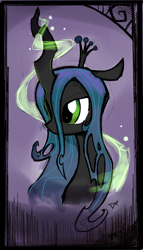 Size: 1208x2116 | Tagged: dead source, safe, artist:dagmlp, queen chrysalis, changeling, changeling queen, bust, female, frown, glowing horn, looking away, magic, mare, portrait, signature, solo, stray strand, three quarter view