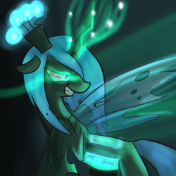 Size: 1000x1000 | Tagged: safe, artist:spanish-scoot, queen chrysalis, changeling, changeling queen, female, frown, glow, glowing eyes, glowing horn, looking back, magic, raised hoof, smiling, solo, standing