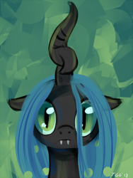 Size: 900x1195 | Tagged: safe, artist:tggeko, queen chrysalis, changeling, changeling queen, nymph, abstract background, female, looking at you, solo