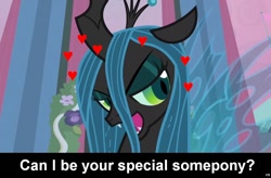 Size: 1024x671 | Tagged: safe, edit, edited screencap, screencap, queen chrysalis, changeling, changeling queen, bedroom eyes, bronybait, caption, cs captions, fangs, female, heart, implied, love, solo, special somepony, text