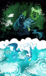 Size: 2975x4911 | Tagged: safe, artist:artist-apprentice587, queen chrysalis, oc, oc:papillon, changeling, changeling queen, flutter pony, crown, duality, flutter pony alicorn, jewelry, regalia, sitting, solo