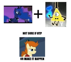 Size: 709x624 | Tagged: safe, princess luna, alicorn, pony, bill cipher, dreamscaperers, exploitable meme, futurama, gravity falls, make it happen, meme, meta, otp, philip j. fry, ponified