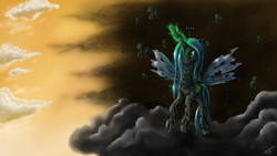 Size: 2500x1406 | Tagged: safe, artist:1jaz, queen chrysalis, changeling, changeling queen, cloud, female, flying, sky, swarm