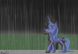 Size: 1000x700 | Tagged: safe, artist:angelstar7, king sombra, princess luna, alicorn, pony, unicorn, female, filly, lumbra, male, rain, shipping, straight, wet mane, woona, younger