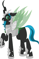 Size: 3432x5209 | Tagged: safe, artist:catnipfairy, king metamorphosis, queen chrysalis, changeling, changeling queen, armor, changeling king, hoof shoes, looking at you, male, raised hoof, rule 63, simple background, smiling, solo, spread wings, transparent background, vector, wavy mouth