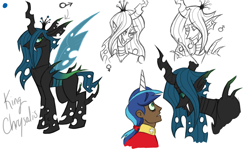 Size: 2000x1200 | Tagged: safe, artist:nakkistiltz, king metamorphosis, queen chrysalis, shining armor, changeling, changeling queen, human, changeling king, elf ears, female, horned humanization, humanized, male, rule 63, simple background, white background