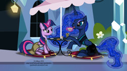 Size: 1920x1080 | Tagged: safe, artist:neysanight, princess luna, twilight sparkle, twilight sparkle (alicorn), alicorn, pony, cafe, clothes, coffee, dress, female, mare