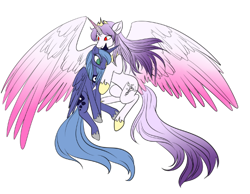 Size: 576x446 | Tagged: safe, artist:passionate shadow, princess luna, oc, oc:prince tempo, alicorn, pony, cuddling, s1 luna, simple background, snuggling