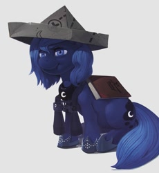 Size: 602x654 | Tagged: safe, artist:kevinsano, princess luna, alicorn, pony, binoculars, book, cartographer's cap, filly, hat, paper hat, sitting, solo, woona