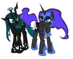 Size: 1388x1120 | Tagged: safe, artist:dankodeadzone, nightmare moon, queen chrysalis, alicorn, changeling, changeling queen, pony, duo, duo female, female, mare, simple background, transparent background