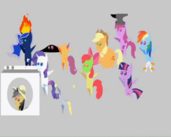 Size: 580x464 | Tagged: safe, artist:chicken-cake, apple bloom, applejack, berry punch, berryshine, daring do, derpy hooves, dj pon-3, fluttershy, pinkie pie, princess luna, rainbow dash, rarity, scootaloo, twilight sparkle, unicorn twilight, vinyl scratch, alicorn, earth pony, pegasus, pony, unicorn, animated, anvil, ash, bipedal, decapitated, dumb ways to die, female, fire, green face, hat, headless, mane six, mare, pinkamena diane pie, pith helmet, pointy ponies, sick, skeleton, washing machine