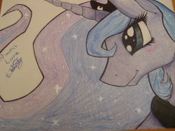 Size: 3072x2304 | Tagged: safe, artist:caekmonstr, princess luna, alicorn, pony, blushing, head, smiling, solo, traditional art