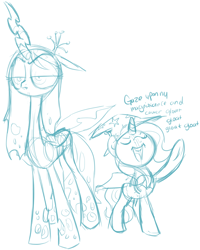 Size: 740x926 | Tagged: safe, artist:php27, queen chrysalis, trixie, changeling, changeling queen, pony, unicorn, cape, clothes, duo, duo female, female, hat, lidded eyes, mare, monochrome, raised hoof, sketch, trixie's cape, trixie's hat