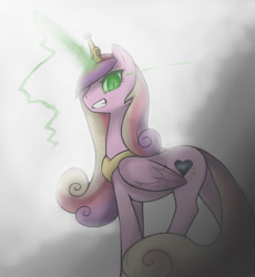 Size: 741x807 | Tagged: safe, artist:soulspade, queen chrysalis, changeling, changeling queen, disguise, disguised changeling, fake cadance, female, frown, glowing eyes, glowing horn, looking at you, smiling, solo
