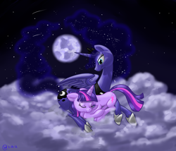 Size: 1774x1520 | Tagged: safe, artist:dpluva, princess luna, twilight sparkle, alicorn, pony, sleeping, snuggling