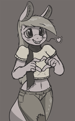 Size: 553x900 | Tagged: safe, artist:caroo, oc, oc only, anthro, belly button, clothes, cute, heart, hinny, midriff, monochrome, pants, scarf, shirt, solo