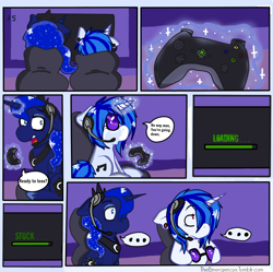 Size: 1024x1021 | Tagged: safe, artist:theemergencyx, dj pon-3, princess luna, vinyl scratch, alicorn, pony, unicorn, comic, duo, gamer luna, xbox 360