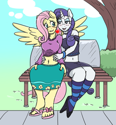 Size: 874x937 | Tagged: safe, artist:caroo, fluttershy, rarity, anthro, plantigrade anthro, belly button, blushing, clothes, feet, female, flarity, heart, lesbian, midriff, sandals, shipping, shirt, shirt lift, short shirt, skirt, socks, striped socks, tickling