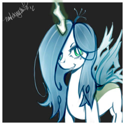 Size: 520x520 | Tagged: safe, artist:modikox, queen chrysalis, changeling, changeling queen, alternate color palette, black background, female, glowing horn, grin, lidded eyes, looking at you, signature, simple background, smiling, smirk, solo, standing