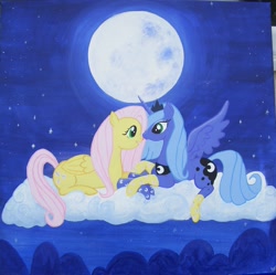 Size: 2123x2118 | Tagged: safe, artist:equestriapaintings, fluttershy, princess luna, alicorn, pegasus, pony, clothes, cloud, cloudy, female, lesbian, lunashy, moon, photo, s1 luna, shipping, socks, traditional art