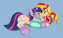 Size: 918x558 | Tagged: safe, artist:caroo, sunset shimmer, twilight sparkle, pony, clothes, cuddling, cute, female, lesbian, pajamas, shipping, simple background, snuggling, sunsetsparkle, underhoof