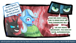 Size: 680x380 | Tagged: safe, artist:php13, queen chrysalis, trixie, changeling, changeling queen, ask, askchrysalis, cocoon, female, tumblr