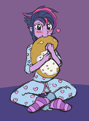 Size: 441x599 | Tagged: safe, artist:caroo, twilight sparkle, equestria girls, alternate hairstyle, blushing, clothes, cute, i'm pancake, pajamas, punklight sparkle, sketch, socks, solo, striped socks