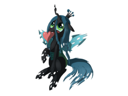 Size: 1600x1200 | Tagged: safe, artist:tomat-in-cup, queen chrysalis, changeling, changeling queen, blushing, cute, cutealis, fangs, female, heart, looking up, mouth hold, raised hoof, simple background, sitting, solo, transparent background