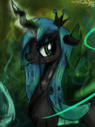 Size: 1023x1359 | Tagged: safe, artist:il-phantom, queen chrysalis, changeling, changeling queen, fangs, female, frown, glowing horn, signature, solo, standing, tongue out