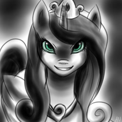 Size: 2000x2000 | Tagged: safe, artist:animecreator, queen chrysalis, changeling, changeling queen, abstract background, disguise, disguised changeling, fake cadance, female, frown, glare, glowing eyes, grayscale, grin, high res, looking at you, monochrome, neo noir, partial color, signature, smiling, solo
