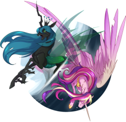 Size: 1000x970 | Tagged: safe, artist:peritian, princess cadance, queen chrysalis, alicorn, changeling, changeling queen, pony, a canterlot wedding, duality, female, mare