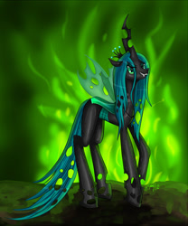 Size: 900x1081 | Tagged: safe, artist:nefertie, queen chrysalis, changeling, changeling queen, fangs, female, fire, frown, looking at you, signature, smiling, solo, standing