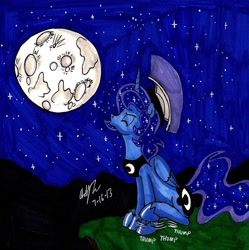 Size: 1280x1287 | Tagged: safe, artist:newyorkx3, prince artemis, princess luna, alicorn, pony, doggy artemis, doggy luna, howling, moon, rule 63, solo, traditional art