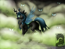 Size: 1200x897 | Tagged: safe, artist:japandragon, queen chrysalis, changeling, changeling queen, fangs, female, fog, lidded eyes, quadrupedal