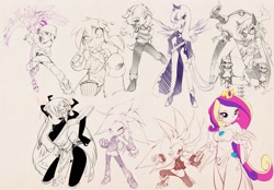 Size: 1899x1322 | Tagged: safe, artist:bleedman, princess cadance, princess luna, human, clothes, female, humanized, multicolored hair, simple background, sketch, sketch dump, weapon, white background