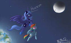 Size: 1225x743 | Tagged: safe, artist:tenchi-outsuno, princess luna, rainbow dash, alicorn, pegasus, pony, crying, fanfic art, flying, moon, planet, smiling, space, spread wings