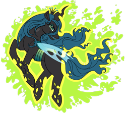 Size: 805x720 | Tagged: dead source, safe, artist:vilifyxx, queen chrysalis, changeling, changeling queen, fangs, female, flying, frown, open mouth, smiling, solo