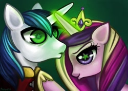 Size: 1158x818 | Tagged: safe, artist:poppeto, princess cadance, queen chrysalis, shining armor, alicorn, changeling, changeling queen, pony, unicorn, disguise, disguised changeling, evil enchantress, fake cadance, starry eyes, wingding eyes