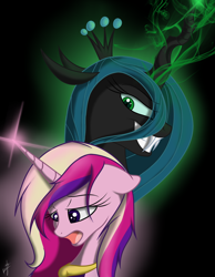 Size: 1050x1350 | Tagged: safe, artist:kyroking, princess cadance, queen chrysalis, alicorn, changeling, changeling queen, pony, female