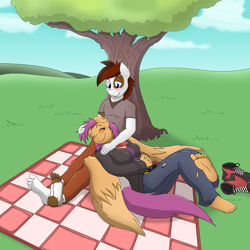 Size: 1000x1000 | Tagged: safe, artist:caroo, pipsqueak, scootaloo, anthro, plantigrade anthro, barefoot, blanket, blushing, clothes, cutie mark crusaders non escape artists, ear piercing, feet, female, grass, jeans, male, older, pants, piercing, ripped jeans, scarf, scootasqueak, shipping, shoes off, shoes removed, sleeping, straight